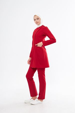 Elegance Model Likralı Viskon Kadın Tesettür Takım Kırmızı