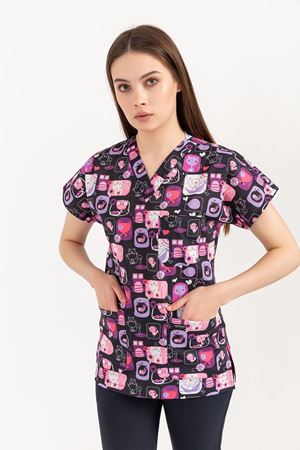 Greys Desenli Model Likralı Terikoton Kadın  Tek Üst Kedi Desenli