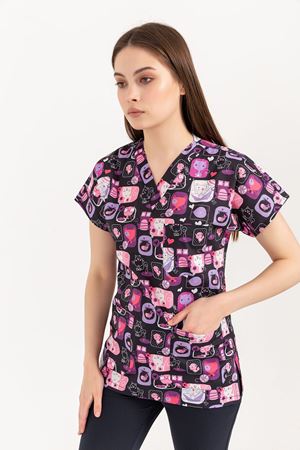 Greys Desenli Model Likralı Terikoton Kadın  Tek Üst Kedi Desenli