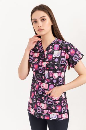 Greys Desenli Model Likralı Terikoton Kadın  Tek Üst Kedi Desenli