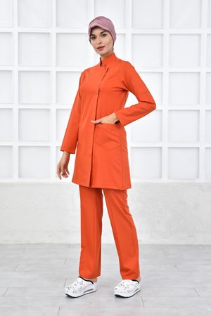 Kare Kravaze Model Likralı Viskon Kadın  Takım Koyu Turuncu