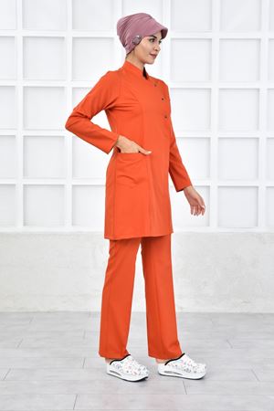 Kare Kravaze Model Likralı Viskon Kadın  Takım Koyu Turuncu