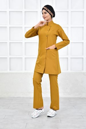 Kare Kravaze Model Likralı Viskon Kadın  Takım Hardal