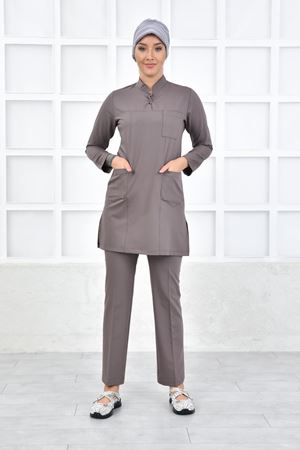 Yarıdan Hakim Model Likralı Viskon Kadın Tesettür Takım Koyu Bey