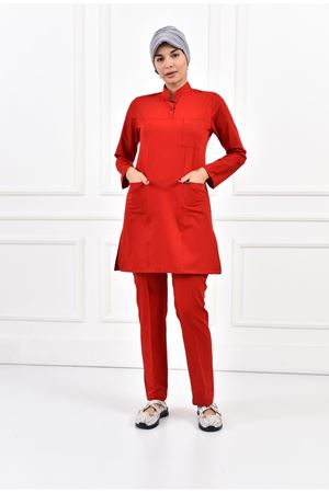 Yarıdan Hakim Model Likralı Viskon Kadın Tesettür Takım Koyu Kırmızı