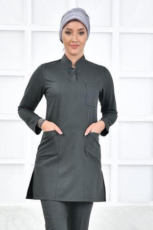 Yarıdan Hakim Model Likralı Viskon Kadın  Tek Üst Haki