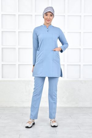 Yarıdan Hakim Model Likralı Viskon Kadın Tesettür Takım Bulut Mavi