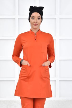 Yarıdan Hakim Model Likralı Viskon Kadın  Tek Üst Turuncu