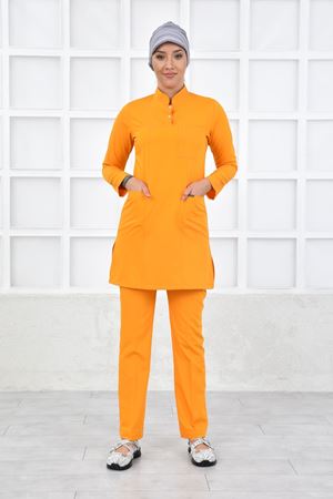 Yarıdan Hakim Model Likralı Viskon Kadın Tesettür Takım Turuncu