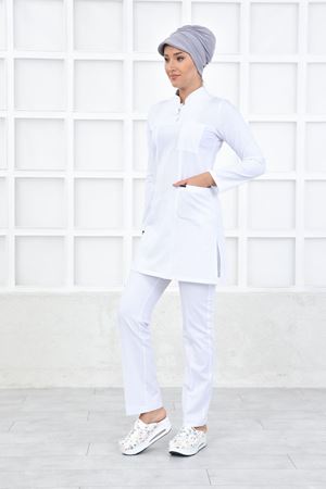 Yarıdan Hakim Model Likralı Viskon Kadın Tesettür Takım Beyaz