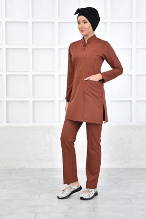 Yarıdan Hakim Model Likralı Viskon Kadın Tesettür Takım Kiremit