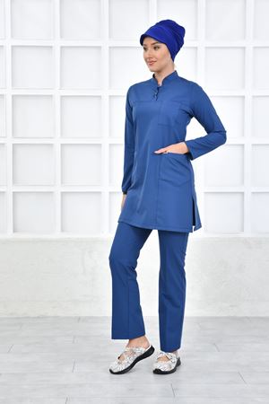 Yarıdan Hakim Model Likralı Viskon Kadın Tesettür Takım Mavi