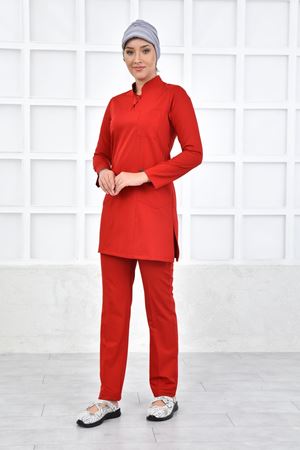Yarıdan Hakim Model Likralı Viskon Kadın Tesettür Takım Koyu Kırmızı