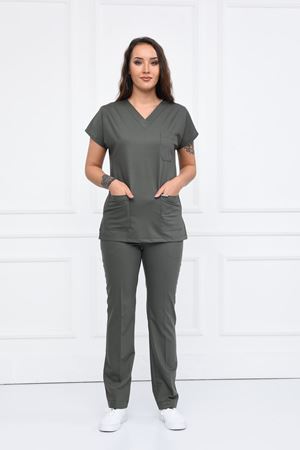 Yarıdan Hakim Model Likralı Viskon Kadın  Takım Haki