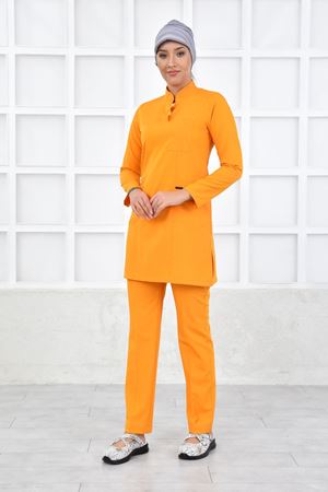 Yarıdan Hakim Model Likralı Viskon Kadın Tesettür Takım Turuncu