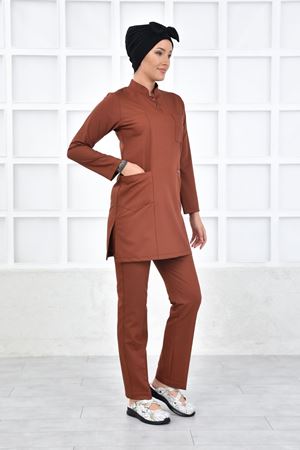 Yarıdan Hakim Model Likralı Viskon Kadın Tesettür Takım Kiremit