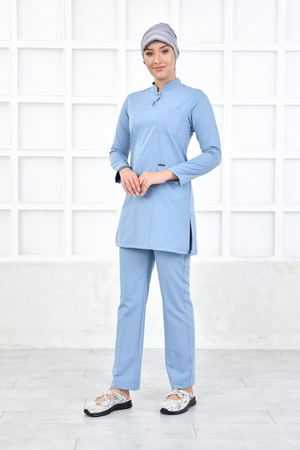 Yarıdan Hakim Model Likralı Viskon Kadın Tesettür Takım Bulut Mavi