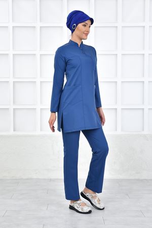 Yarıdan Hakim Model Likralı Viskon Kadın Tesettür Takım Mavi
