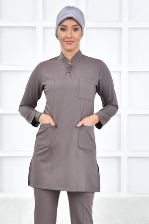 Yarıdan Hakim Model Likralı Viskon Kadın  Tek Üst Koyu Bey