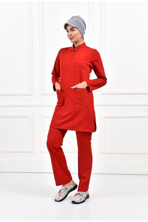 Yarıdan Hakim Model Likralı Viskon Kadın Tesettür Takım Koyu Kırmızı
