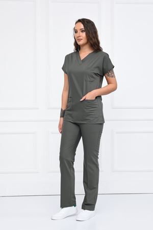 Yarıdan Hakim Model Likralı Viskon Kadın  Takım Haki