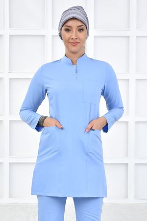 Yarıdan Hakim Model Likralı Viskon Kadın  Tek Üst Mavi
