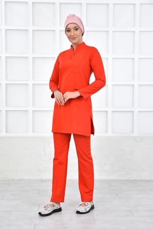 Yarıdan Hakim Model Likralı Viskon Kadın Tesettür Takım Kırmızı