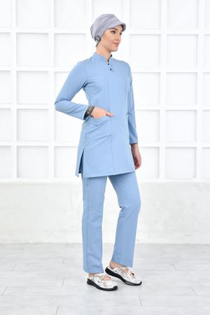 Yarıdan Hakim Model Likralı Viskon Kadın Tesettür Takım Bulut Mavi
