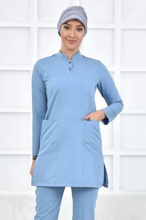 Yarıdan Hakim Model Likralı Viskon Kadın  Tek Üst Bulut Mavi