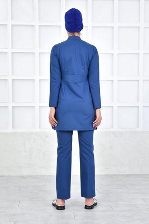 Yarıdan Hakim Model Likralı Viskon Kadın Tesettür Takım Mavi