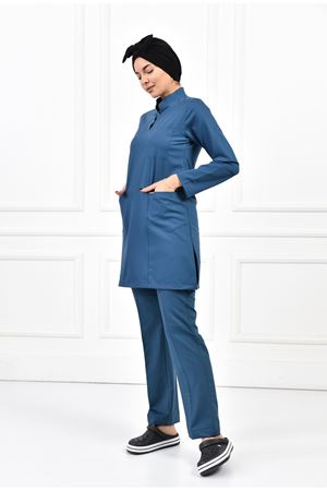 Yarıdan Hakim Model Likralı Viskon Kadın  Takım Petrol Yeşili