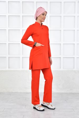Yarıdan Hakim Model Likralı Viskon Kadın Tesettür Takım Kırmızı