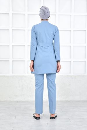 Yarıdan Hakim Model Likralı Viskon Kadın Tesettür Takım Bulut Mavi