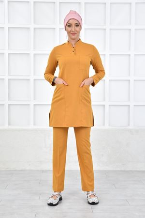 Yarıdan Hakim Model Santana Kadın Tesettür Takım Hardal