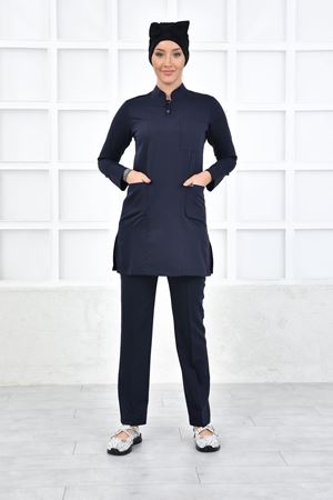 Yarıdan Hakim Model Likralı Viskon Kadın Tesettür Takım Lacivert