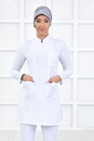 Yarıdan Hakim Model Likralı Viskon Kadın  Tek Üst Beyaz