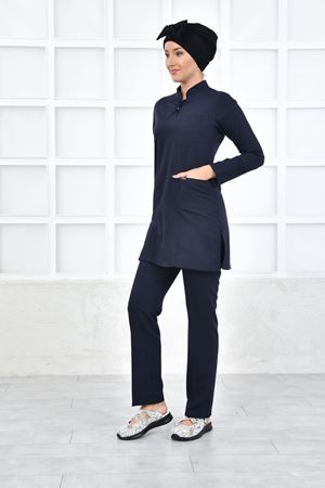 Yarıdan Hakim Model Likralı Viskon Kadın Tesettür Takım Lacivert