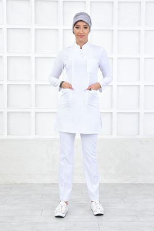 Yarıdan Hakim Model Likralı Viskon Kadın Tesettür Takım Beyaz