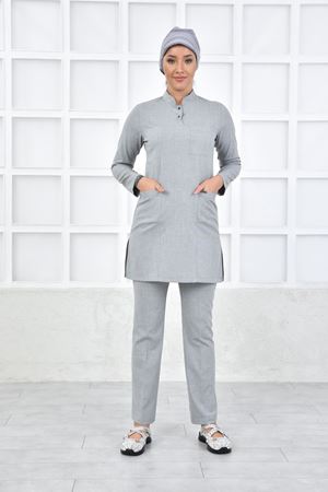 Yarıdan Hakim Model Santana Kadın Tesettür Takım Açık Gri