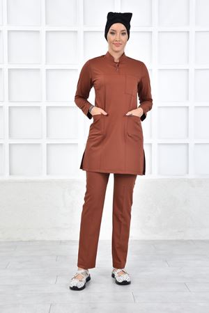 Yarıdan Hakim Model Likralı Viskon Kadın Tesettür Takım Kiremit