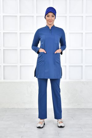 Yarıdan Hakim Model Likralı Viskon Kadın Tesettür Takım Mavi