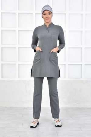 Yarıdan Hakim Model Santana Kadın Tesettür Takım Orta Gri