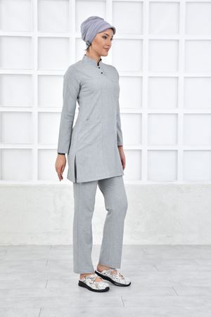 Yarıdan Hakim Model Santana Kadın Tesettür Takım Açık Gri
